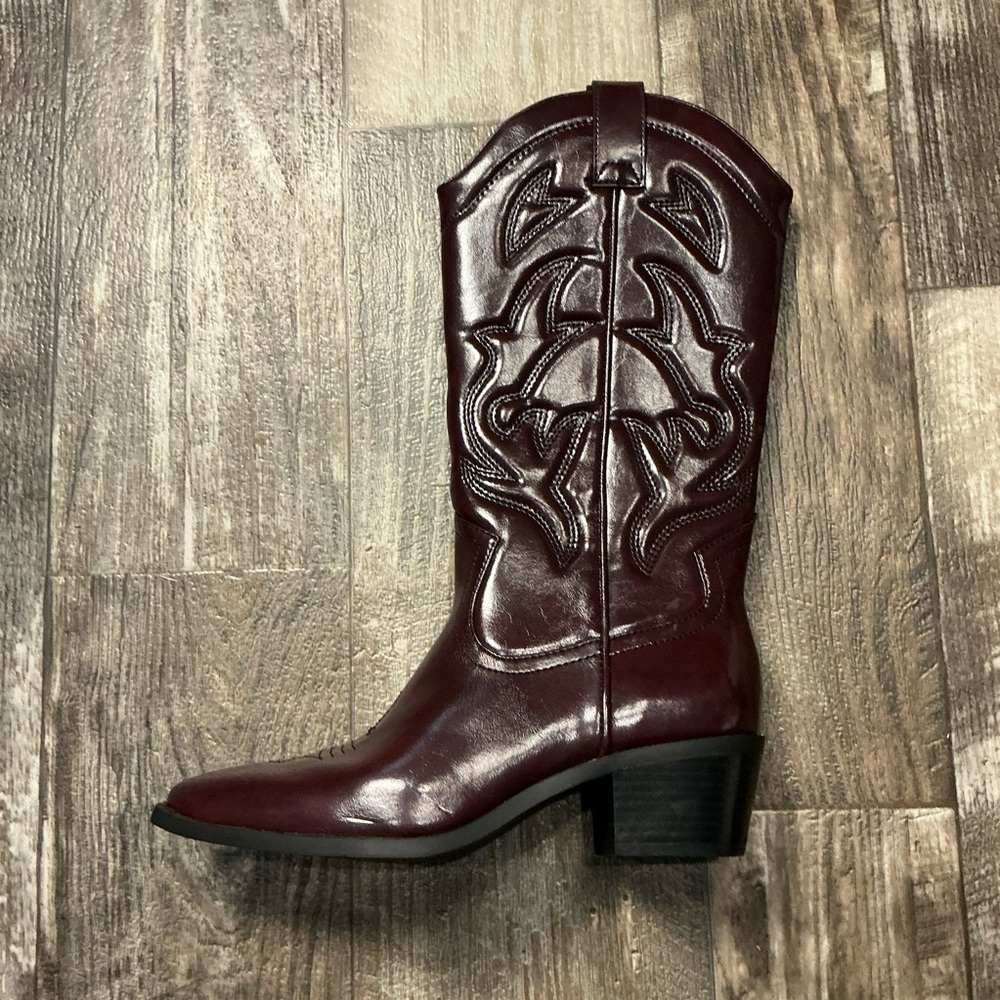 stradivarius Women's Dark Burgandy Brown Western Embroidered Boots Size 7.5 - Picture 11 of 16